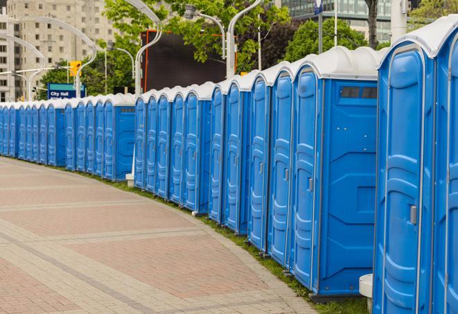 portable restrooms with sink and hand sanitizer stations, available at a festival in Antelope, CA